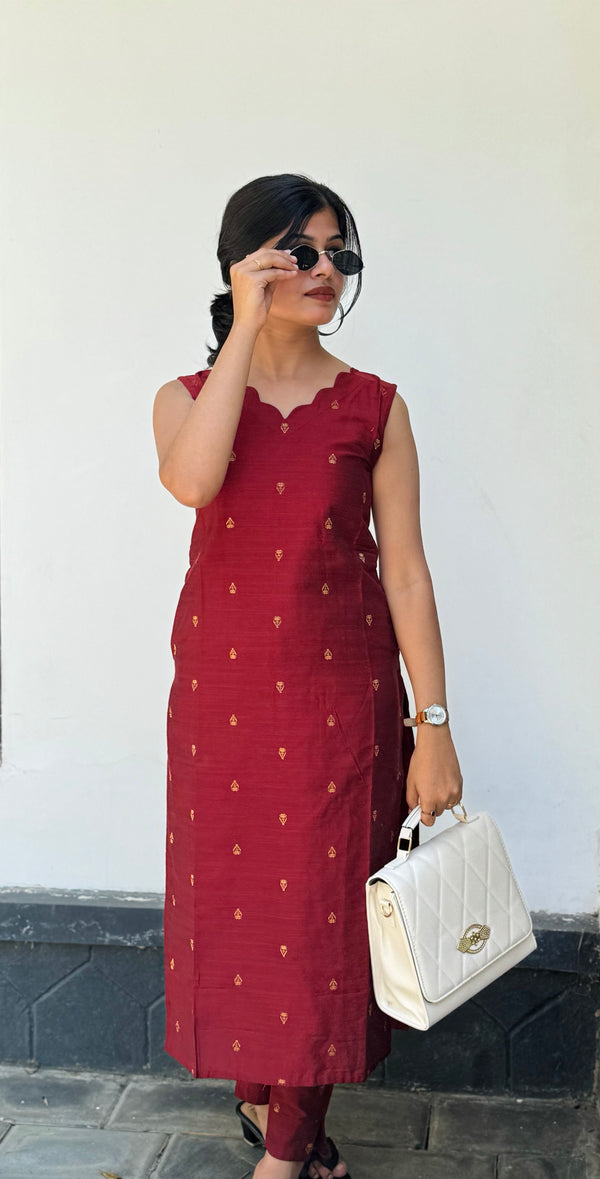 Raw Silk Scalloped 2Pc Set - 2 Colours