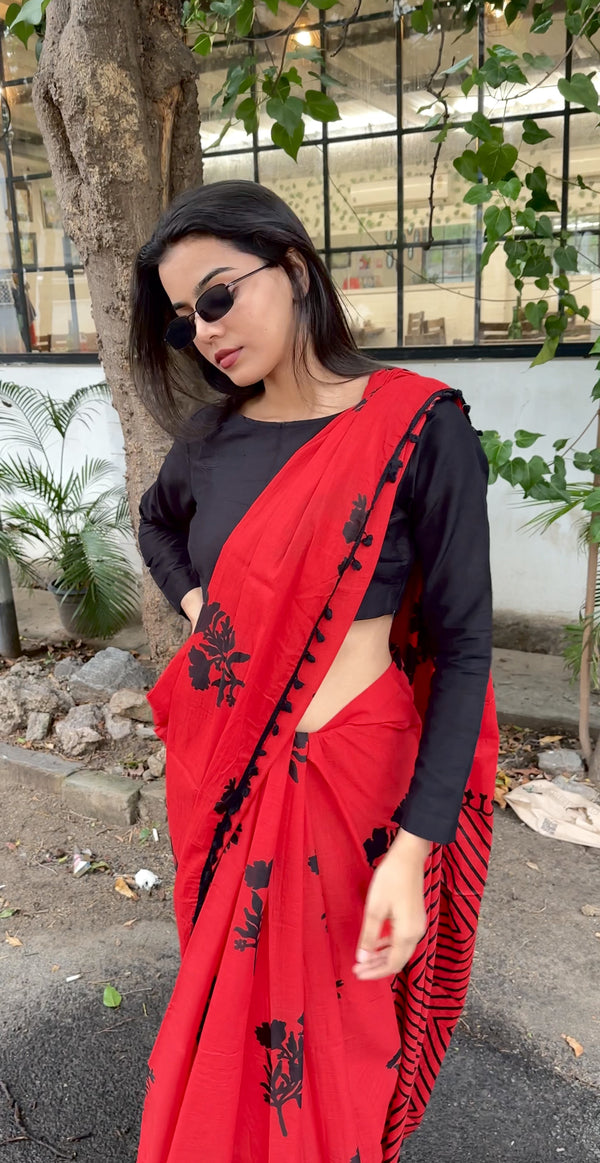 Chilli Red Cotton Saree Combo